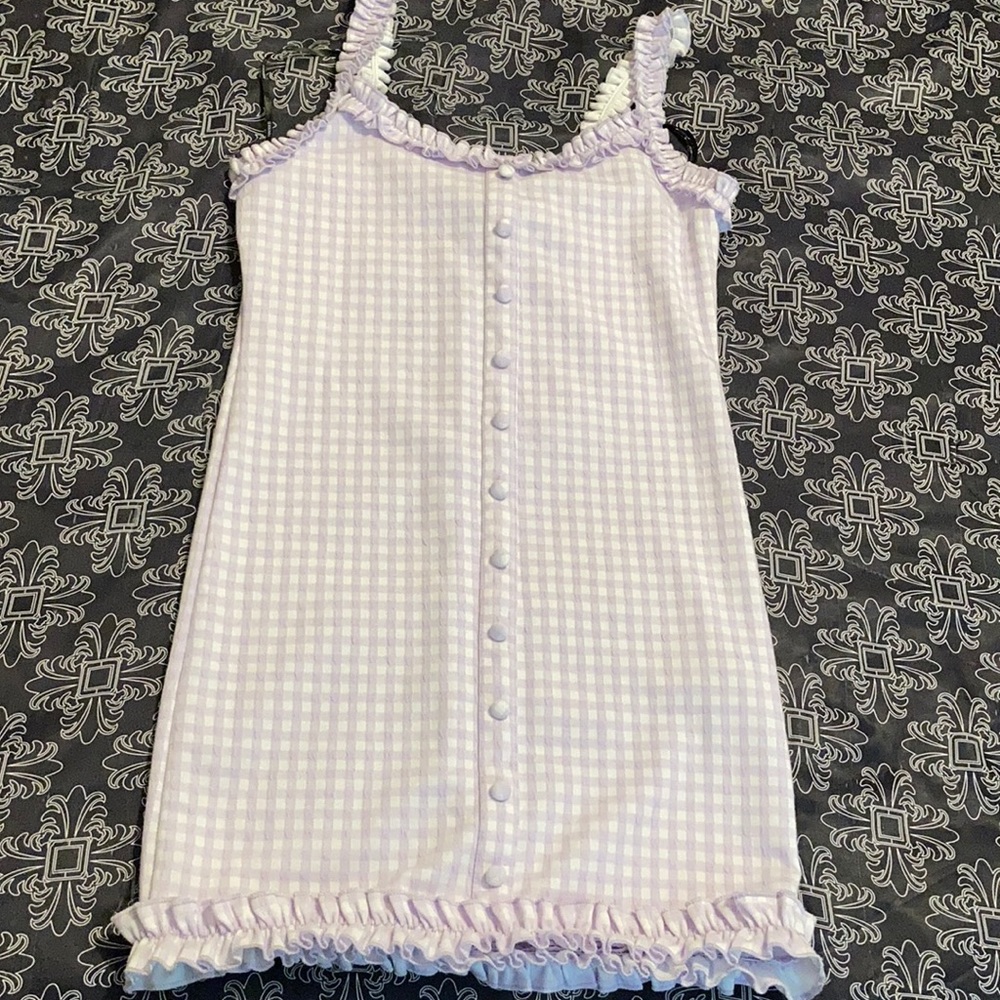 Purple Gingham Ruffled Textured Knit Mini Dress